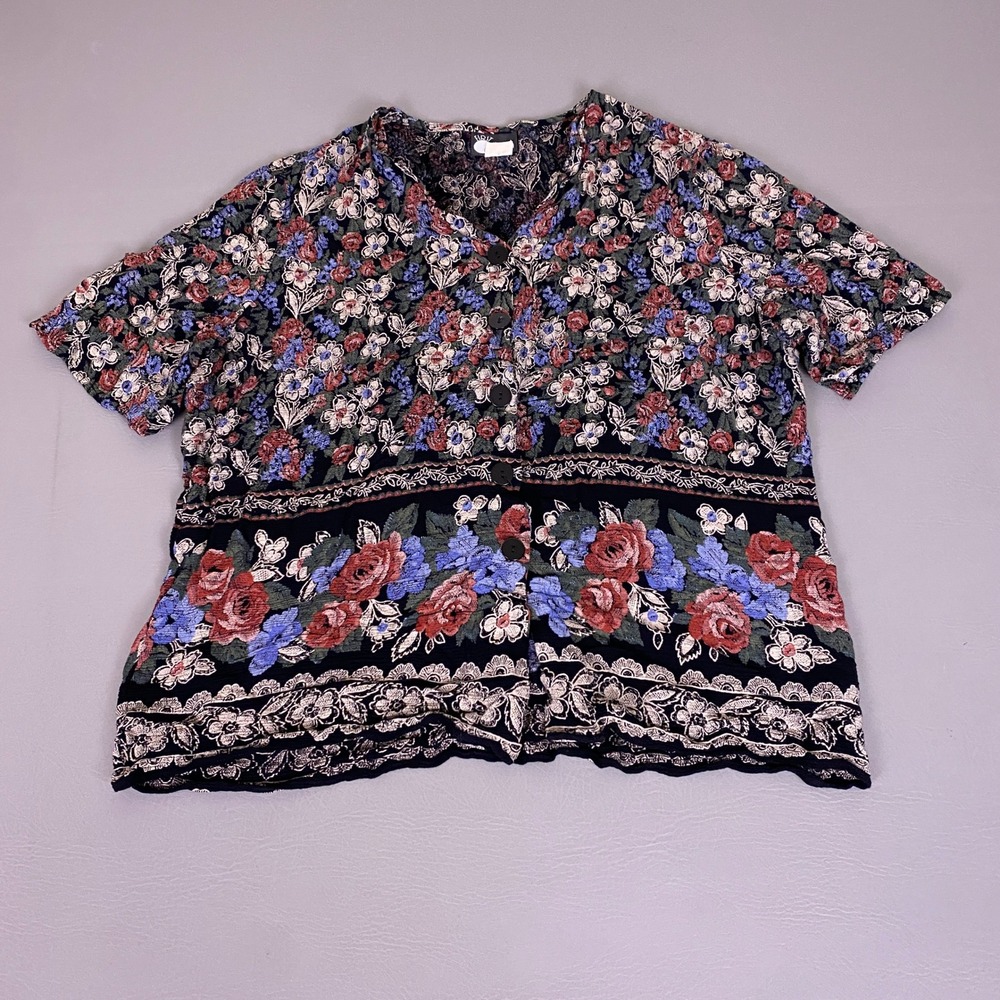 Vintage First Option Blouse Large 90s Floral‎ Rayon Button Front Black Red USA